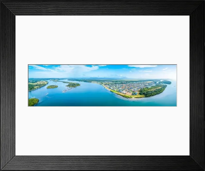 Framed Print : Aerial panorama of picturesque small coastal village and river at sunset in New South Wales, Australia Framed Print : Aerial panorama of picturesque small coastal village and river at sunset in New South Wales, Australia