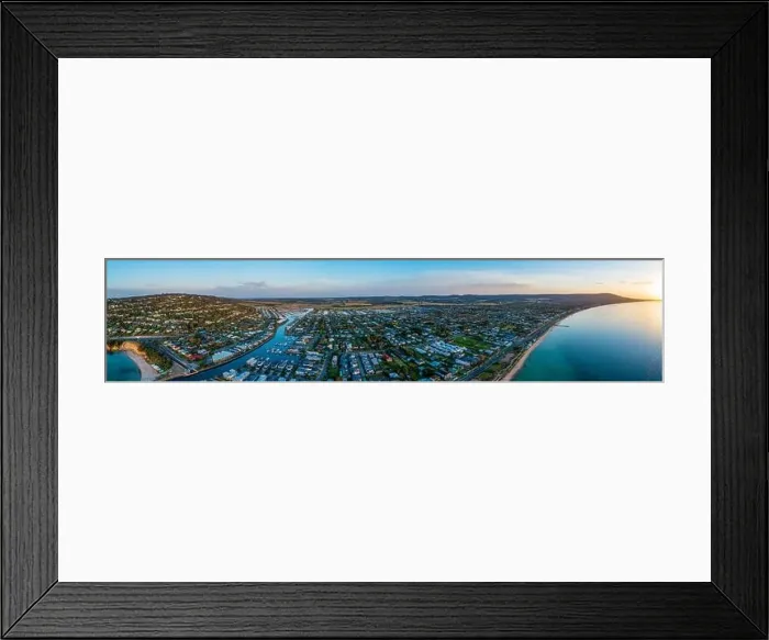 Framed Print : Wide aerial panorama of luxury coastal suburb on Mornington Peninsula and Port Phillip Bay at sunset Framed Print : Wide aerial panorama of luxury coastal suburb on Mornington Peninsula and Port Phillip Bay at sunset