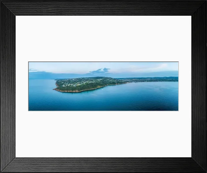Framed Print : Aerial panorama of luxury real estate of Mount Martha suburb coastline at dusk with copy space Framed Print : Aerial panorama of luxury real estate of Mount Martha suburb coastline at dusk with copy space