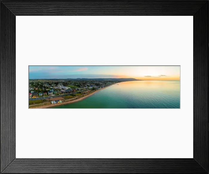 Framed Print : Beautiful aerial panorama of Mornington Peninsula coastline and Port Phillip Bay at dusk Framed Print : Beautiful aerial panorama of Mornington Peninsula coastline and Port Phillip Bay at dusk