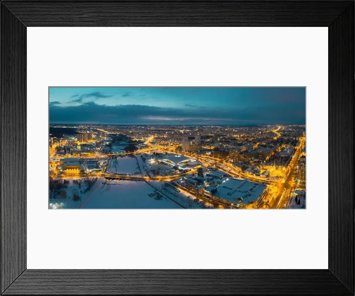 Framed Print : Aerial drone panorama; beautiful view Chelyabinsk city with illuminated streets Framed Print : Aerial drone panorama; beautiful view Chelyabinsk city with illuminated streets