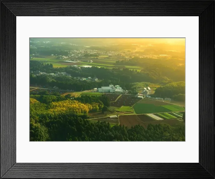 Framed Print : beautiful sunrise aerial view of rural landscape with green fields, houses and road in Asia, Japan Framed Print : beautiful sunrise aerial view of rural landscape with green fields, houses and road in Asia, Japan