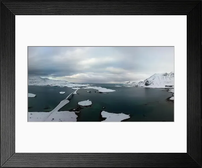 Framed Print : Aerial drone panoramic view of amazing Lofoten Islands winter scenery with famous Reine fishing village Norway Framed Print : Aerial drone panoramic view of amazing Lofoten Islands winter scenery with famous Reine fishing village Norway