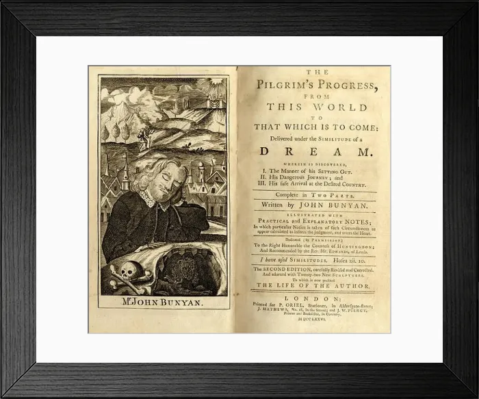 Framed Print : John Bunyan - title page of the English writers book The Pilgrims Progress (1776) Framed Print : John Bunyan - title page of the English writers book The Pilgrims Progress (1776)