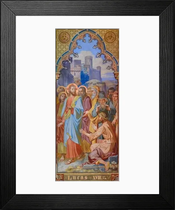 Framed Print : Painting of Jesus healing a blind beggar near Jericho (Luke 18:35). Votivkirche – Votive Church, Vienna, Austria Framed Print : Painting of Jesus healing a blind beggar near Jericho (Luke 18:35). Votivkirche – Votive Church, Vienna, Austria