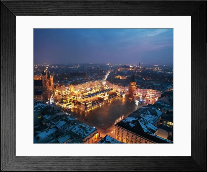 Framed Print : Aerial view of the Market Square in Krakow, Poland at night. Christmas cityscape Framed Print : Aerial view of the Market Square in Krakow, Poland at night. Christmas cityscape