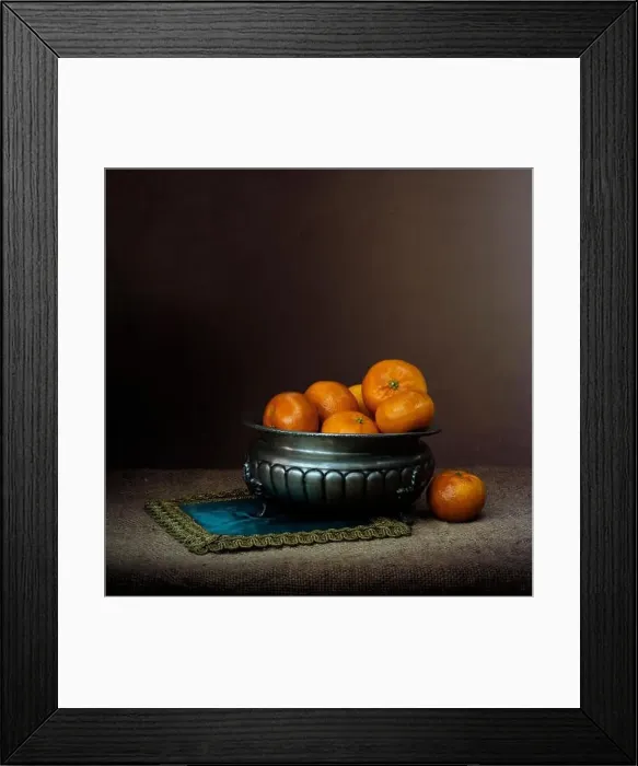 Framed Print : Chiaroscuro style still life with oranges in pewter bowl. Retro Framed Print : Chiaroscuro style still life with oranges in pewter bowl. Retro
