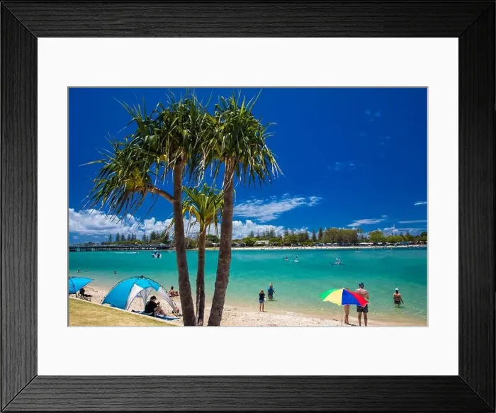 Framed Print : Gold Coast, AUS - JAN 12 2019: People enjoying beach activities at famous family beach at Tallebudgera Creek Gold Coast Framed Print : Gold Coast, AUS - JAN 12 2019: People enjoying beach activities at famous family beach at Tallebudgera Creek Gold Coast