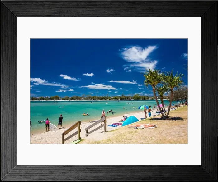 Framed Print : Gold Coast, AUS - JAN 12 2019: People enjoying beach activities at famous family beach at Tallebudgera Creek Gold Coast Framed Print : Gold Coast, AUS - JAN 12 2019: People enjoying beach activities at famous family beach at Tallebudgera Creek Gold Coast