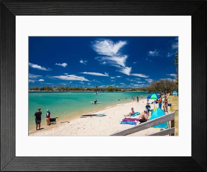 Framed Print : Gold Coast, AUS - JAN 12 2019: People enjoying beach activities at famous family beach at Tallebudgera Creek Gold Coast Framed Print : Gold Coast, AUS - JAN 12 2019: People enjoying beach activities at famous family beach at Tallebudgera Creek Gold Coast
