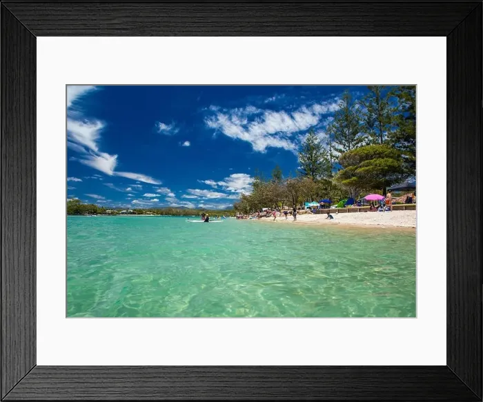Framed Print : Gold Coast, AUS - JAN 12 2019: People enjoying beach activities at famous family beach at Tallebudgera Creek Gold Coast