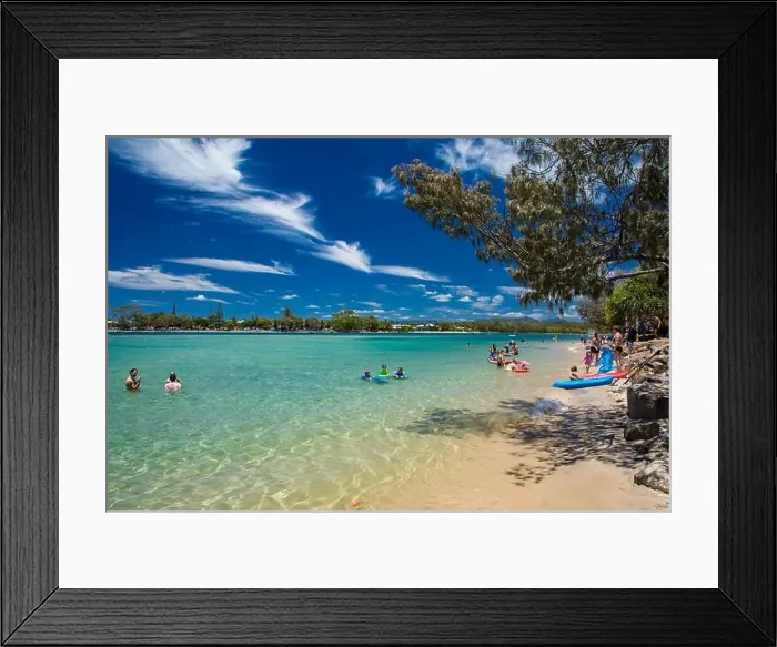 Framed Print : Gold Coast, AUS - JAN 12 2019: People enjoying beach activities at famous family beach at Tallebudgera Creek Gold Coast