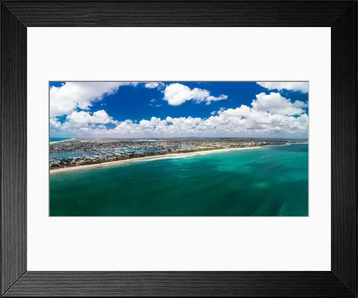 Framed Print : Drone view of famous Mooloolaba beach and marina on sunny day Framed Print : Drone view of famous Mooloolaba beach and marina on sunny day