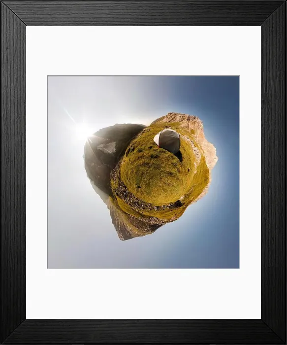 Framed Print : Ttent stands on a cliff in the mountains with a background view of the river valley. Tiny little planet 360 Framed Print : Ttent stands on a cliff in the mountains with a background view of the river valley. Tiny little planet 360