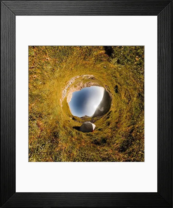 Framed Print : Ttent stands on a cliff in the mountains with a background view of the river valley. Tiny little planet 360 Framed Print : Ttent stands on a cliff in the mountains with a background view of the river valley. Tiny little planet 360