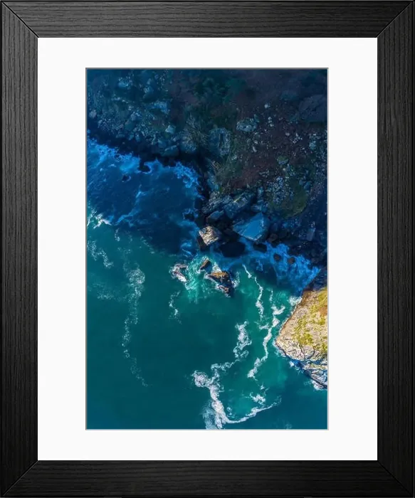 Framed Print : Detail of sea waves colors breaking in the coast of Lekeitio, Basque country - drone view Framed Print : Detail of sea waves colors breaking in the coast of Lekeitio, Basque country - drone view