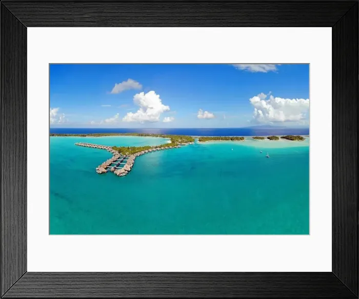 Framed Print : BORA BORA, FRENCH POLYNESIA -4 DEC 2018- Aerial view of overwater bungalow villas at the St Regis Resort Bora-Bora in Framed Print : BORA BORA, FRENCH POLYNESIA -4 DEC 2018- Aerial view of overwater bungalow villas at the St Regis Resort Bora-Bora in