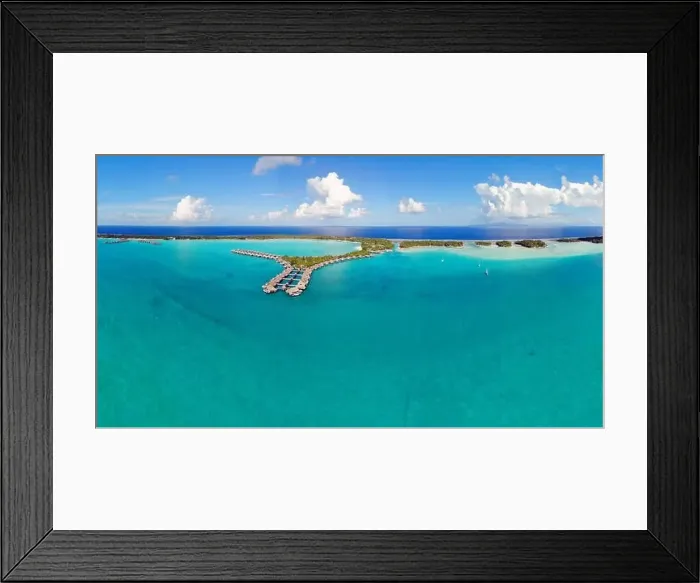 Framed Print : BORA BORA, FRENCH POLYNESIA -4 DEC 2018- Aerial view of overwater bungalow villas at the St Regis Resort Bora-Bora in Framed Print : BORA BORA, FRENCH POLYNESIA -4 DEC 2018- Aerial view of overwater bungalow villas at the St Regis Resort Bora-Bora in