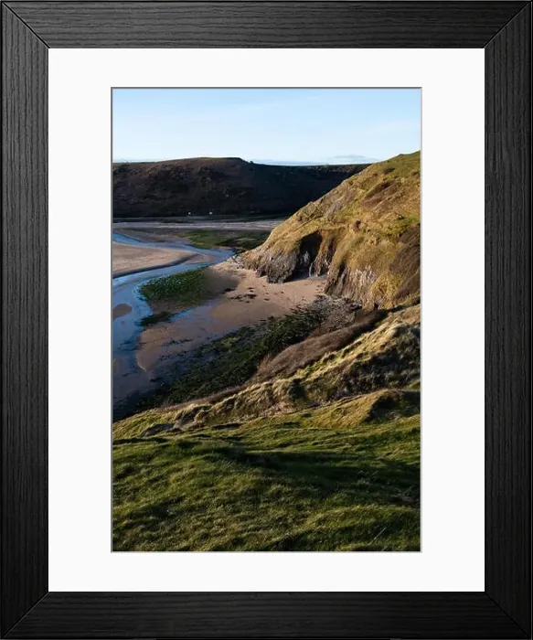 Framed Print : Aerial view of Three Cliffs Bay south coast beach the Gower Peninsula Swansea Wales uk Framed Print : Aerial view of Three Cliffs Bay south coast beach the Gower Peninsula Swansea Wales uk