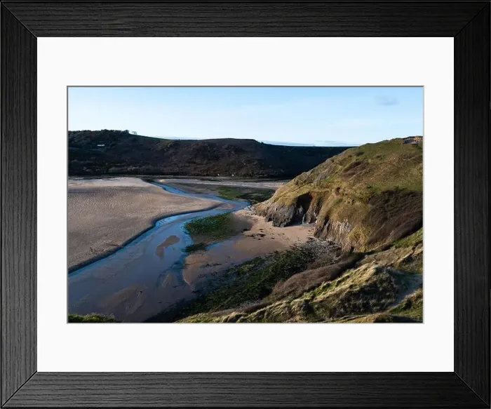 Framed Print : Aerial view of Three Cliffs Bay south coast beach the Gower Peninsula Swansea Wales uk Framed Print : Aerial view of Three Cliffs Bay south coast beach the Gower Peninsula Swansea Wales uk