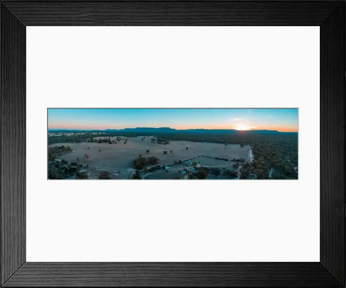 Framed Print : Wide aerial panorama of Grampians mountains, farmland, and forest at sunset. Victoria, Australia Framed Print : Wide aerial panorama of Grampians mountains, farmland, and forest at sunset. Victoria, Australia