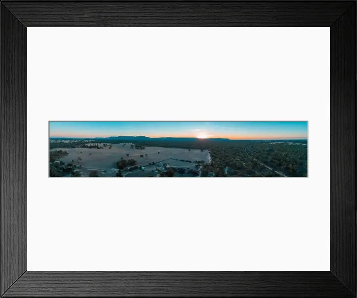 Framed Print : Wide aerial panorama of Grampians mountains, farmland, and forest at sunset Framed Print : Wide aerial panorama of Grampians mountains, farmland, and forest at sunset