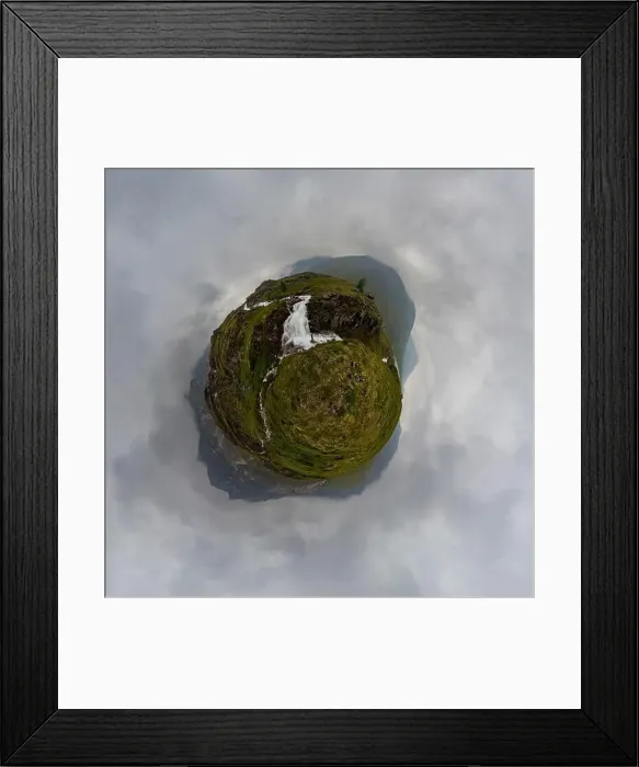 Framed Print : man in red stands under waterfall on black rock in mountains on cloudy rainy day... Tiny little planet 360 Framed Print : man in red stands under waterfall on black rock in mountains on cloudy rainy day... Tiny little planet 360
