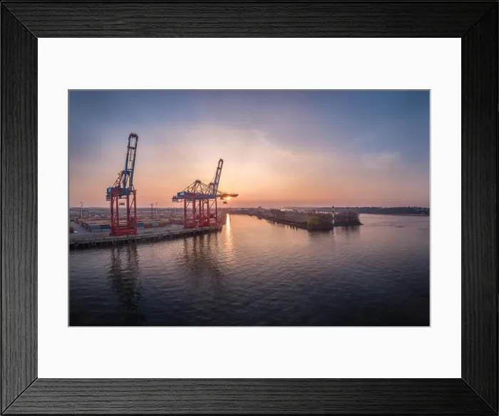 Framed Print : Aerial view of a harbour basin in the harbour of Hamburg at sunset Framed Print : Aerial view of a harbour basin in the harbour of Hamburg at sunset
