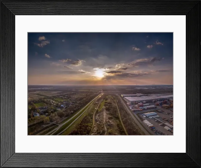 Framed Print : Aerial view of Moorburg in Hamburg at the Altenwerder container terminal at sunset Framed Print : Aerial view of Moorburg in Hamburg at the Altenwerder container terminal at sunset