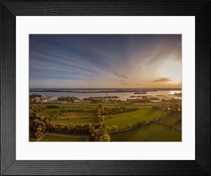 Framed Print : Aerial view of the Elbe near Hamburg at sunset Framed Print : Aerial view of the Elbe near Hamburg at sunset