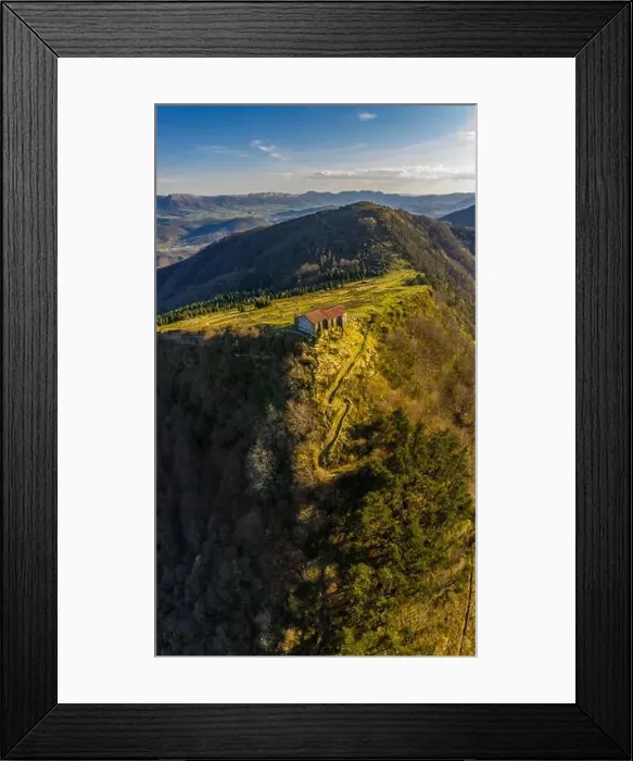 Framed Print : Hermitage in Kolitza mount in Balmaseda, Basque Country, Spain - aerial drone Framed Print : Hermitage in Kolitza mount in Balmaseda, Basque Country, Spain - aerial drone