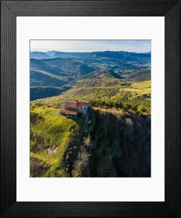 Framed Print : Hermitage in Kolitza mount in Balmaseda, Basque Country, Spain - aerial drone Framed Print : Hermitage in Kolitza mount in Balmaseda, Basque Country, Spain - aerial drone