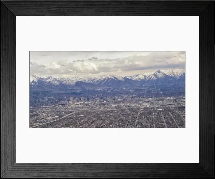 Framed Print : Downtown Salt Lake City Panoramic view of Wasatch Front Rocky Mountains from airplane in early spring winter with Framed Print : Downtown Salt Lake City Panoramic view of Wasatch Front Rocky Mountains from airplane in early spring winter with