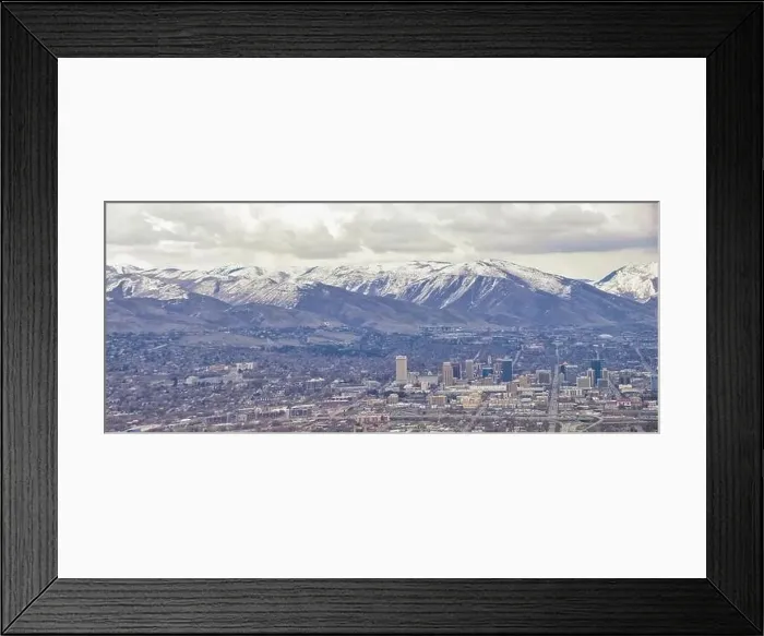 Framed Print : Downtown Salt Lake City Panoramic view of Wasatch Front Rocky Mountains from airplane in early spring winter with Framed Print : Downtown Salt Lake City Panoramic view of Wasatch Front Rocky Mountains from airplane in early spring winter with
