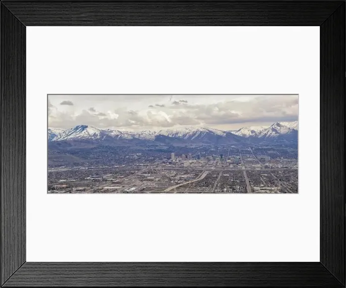 Framed Print : Downtown Salt Lake City Panoramic view of Wasatch Front Rocky Mountains from airplane in early spring winter with Framed Print : Downtown Salt Lake City Panoramic view of Wasatch Front Rocky Mountains from airplane in early spring winter with