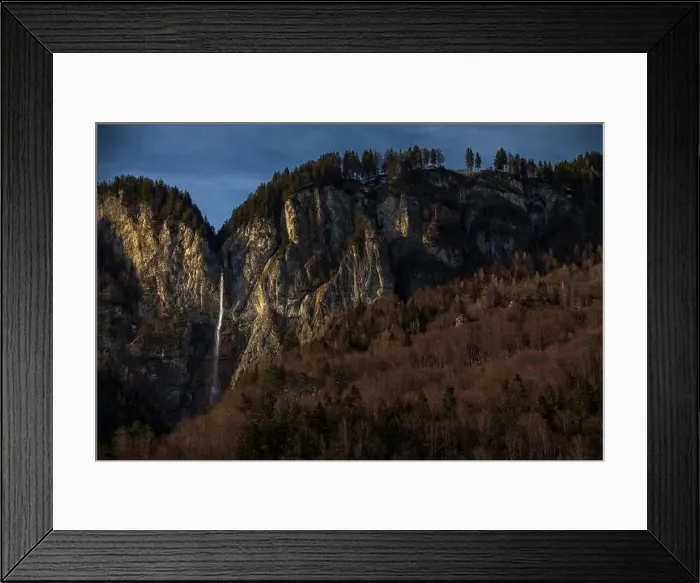Framed Print : High waterfall within alpine scenery in Switzerland Framed Print : High waterfall within alpine scenery in Switzerland