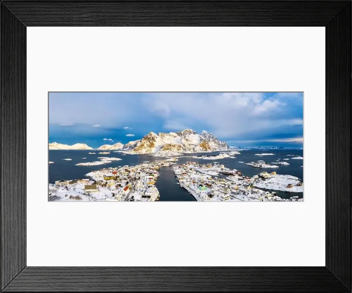 Framed Print : Aerial panoramic of Henningsvaer covered with snow, Vagan municipality, Lofoten Islands, Norway Framed Print : Aerial panoramic of Henningsvaer covered with snow, Vagan municipality, Lofoten Islands, Norway