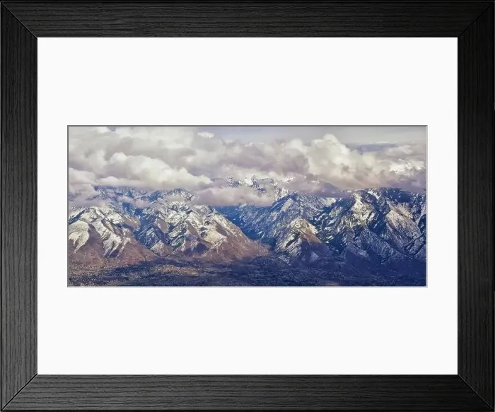 Framed Print : Aerial view from airplane of the Wasatch Front Rocky Mountain Range with snow capped peaks in winter including urban Framed Print : Aerial view from airplane of the Wasatch Front Rocky Mountain Range with snow capped peaks in winter including urban