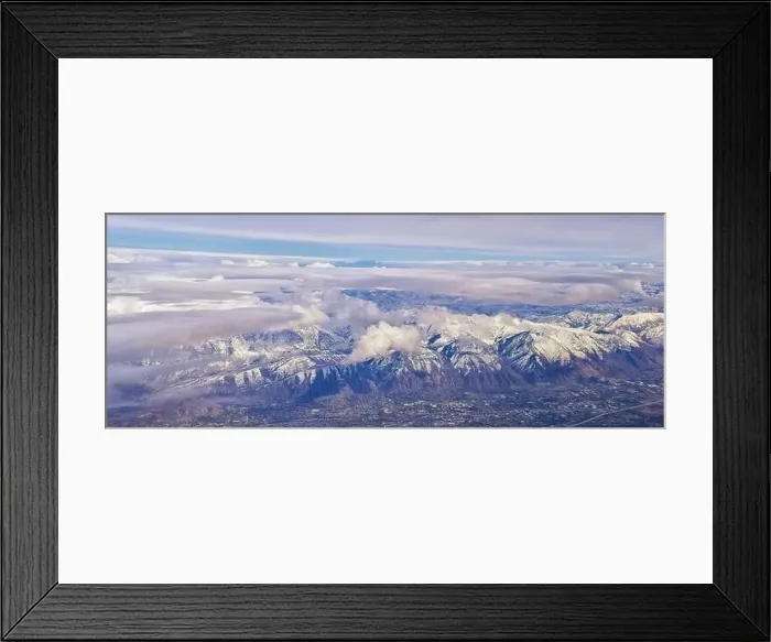 Framed Print : Aerial view from airplane of the Wasatch Front Rocky Mountain Range with snow capped peaks in winter including urban Framed Print : Aerial view from airplane of the Wasatch Front Rocky Mountain Range with snow capped peaks in winter including urban