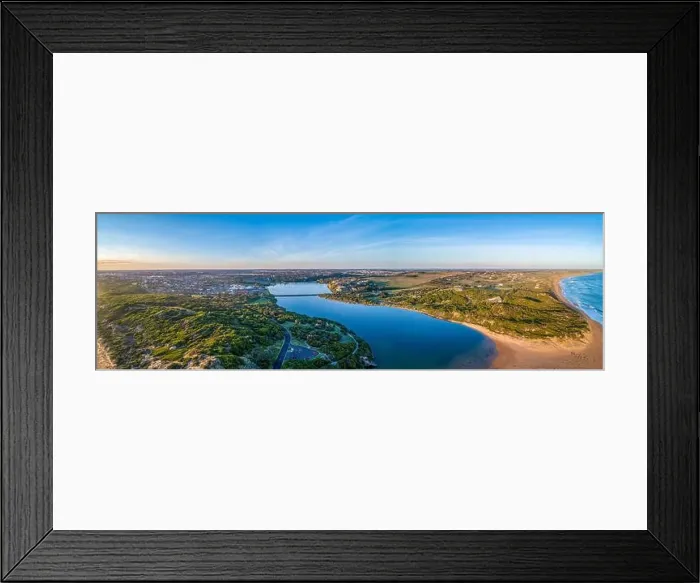 Framed Print : Aerial panorama of Hopkins River and ocean coastline at sunset. Warrnambool, Australia Framed Print : Aerial panorama of Hopkins River and ocean coastline at sunset. Warrnambool, Australia