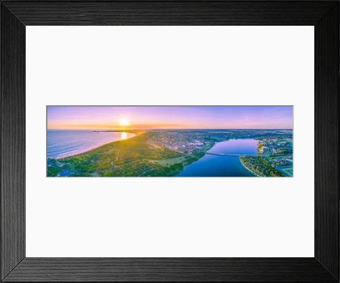 Framed Print : Vivid sunset over Warrnambool and Hopkins River - aerial panorama Framed Print : Vivid sunset over Warrnambool and Hopkins River - aerial panorama