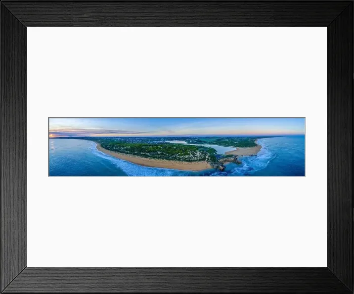 Framed Print : Wide aerial panorama of Point Ritchie lookout and Hopkins River mouth at sunset. Warrnambool, Australia Framed Print : Wide aerial panorama of Point Ritchie lookout and Hopkins River mouth at sunset. Warrnambool, Australia