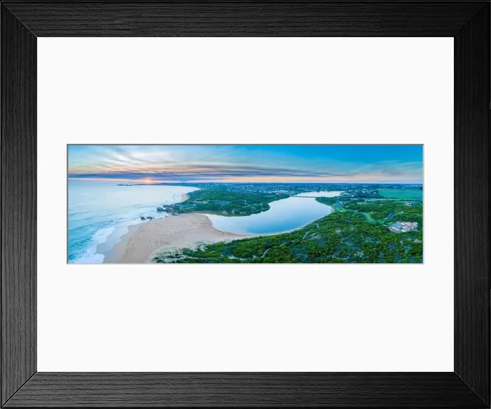 Framed Print : Aerial panorama of Hopkins River mouth and ocean coastline at sunset Framed Print : Aerial panorama of Hopkins River mouth and ocean coastline at sunset