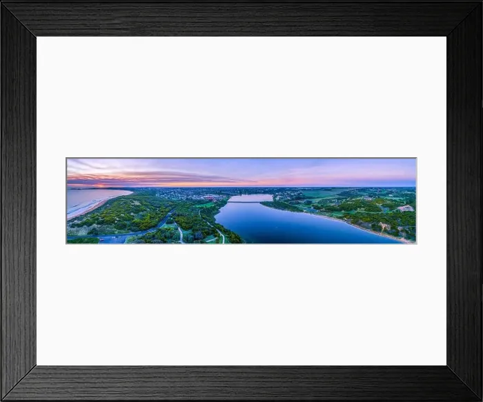 Framed Print : Wide aerial panorama of Hopkins River and Warrnambool at sunset in Victoria, Australia Framed Print : Wide aerial panorama of Hopkins River and Warrnambool at sunset in Victoria, Australia