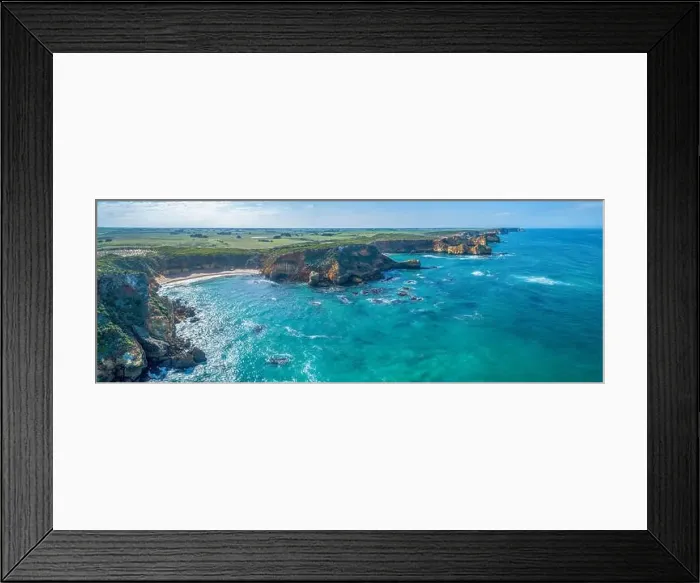 Framed Print : Wide aerial panorama of Childers Cove ocean coastline on Great Ocean Road, Australia Framed Print : Wide aerial panorama of Childers Cove ocean coastline on Great Ocean Road, Australia
