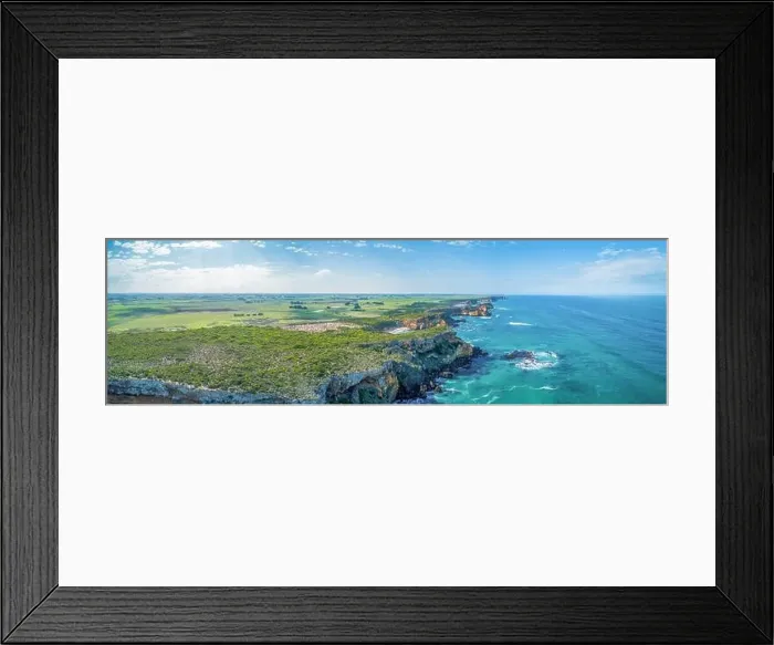 Framed Print : Wide aerial panorama of ocean coastline and countryside near Great Ocean Road, Victoria, Australia Framed Print : Wide aerial panorama of ocean coastline and countryside near Great Ocean Road, Victoria, Australia