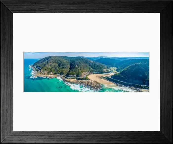 Framed Print : Wide aerial panorama of Great Ocean Road bending and winding along scenic coastline Framed Print : Wide aerial panorama of Great Ocean Road bending and winding along scenic coastline