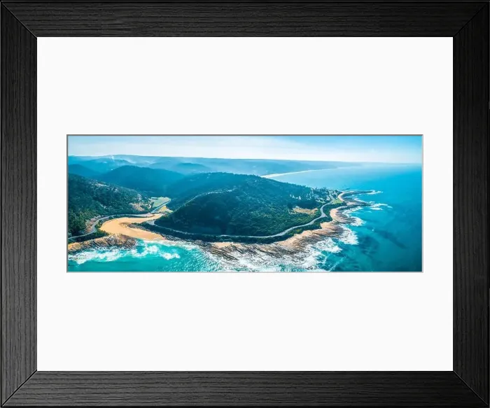 Framed Print : Wide panorama of the famous Great Ocean Road and forested hills in Victoria, Australia Framed Print : Wide panorama of the famous Great Ocean Road and forested hills in Victoria, Australia