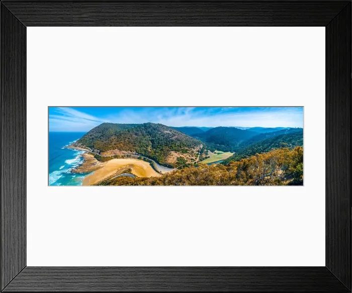 Framed Print : Wide aerial panorama of Great Ocean Road and hills near Lorne on bright sunny day Framed Print : Wide aerial panorama of Great Ocean Road and hills near Lorne on bright sunny day