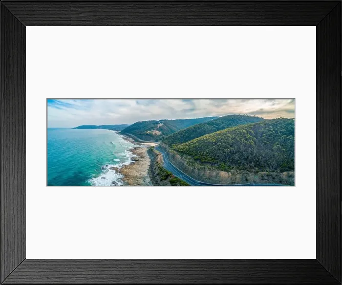 Framed Print : Great Ocean Road passing through scenic landscape in Victoria, Australia - aerial panoramic landscape Framed Print : Great Ocean Road passing through scenic landscape in Victoria, Australia - aerial panoramic landscape